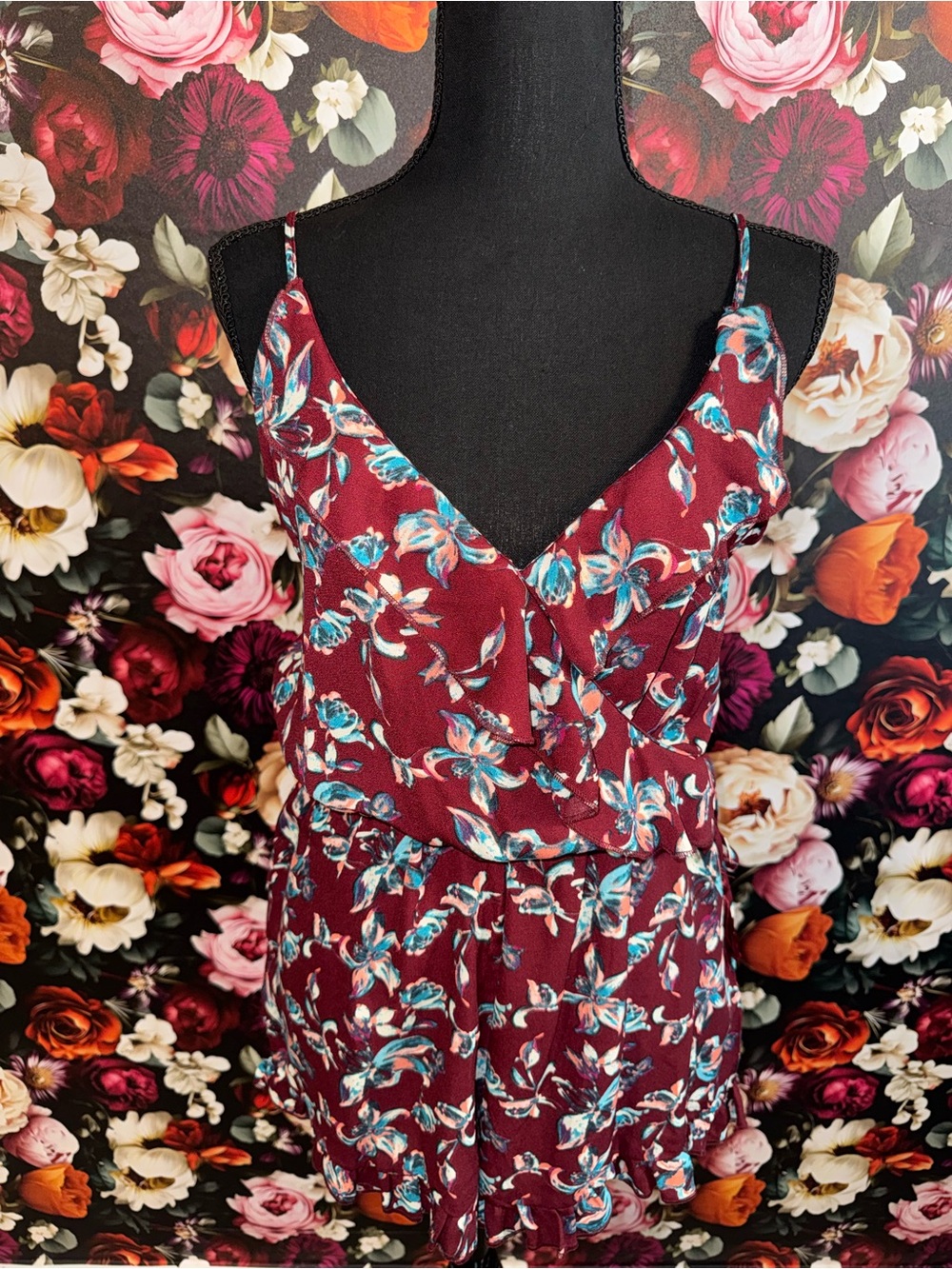 Blue Rain Women’s Burgundy Floral Spaghetti-Strap Romper, Small, BWT - Picture 5 of 15
